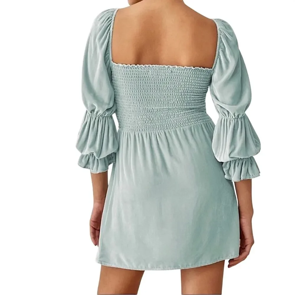 NEW Reformation Albi Long Sleeve Velvet Mini Dress in Turquoise Size XS - Picture 2 of 11